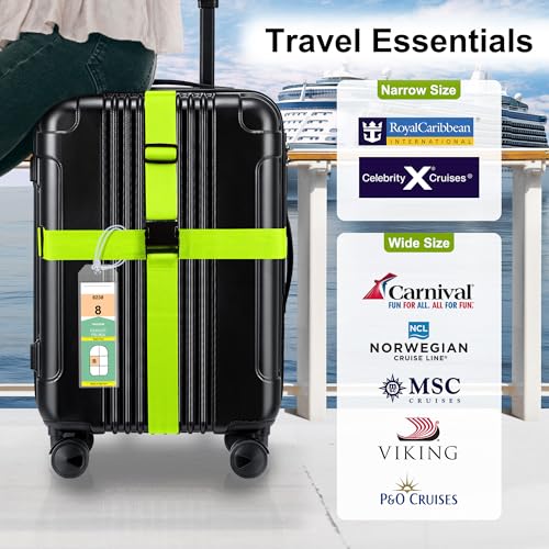 8 Pack Luggage Straps and Cruise Tags Set (Green & Narrow)