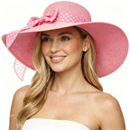 Wide Brim Sun Hat for Women Floppy Straw Hat Summer Beach Hats Fashionable Trendy Hats Sun Protection UPF 50+ (1 Pc: Pink With White Polka Dots)