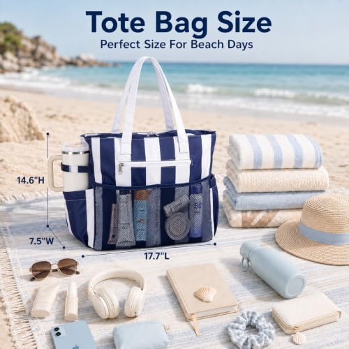Beach Bag Waterproof Sandproof Women Beach Tote Pool Bag with Zipper for Gym Grocery Travel with Wet Pocket (Light Navy Blue)