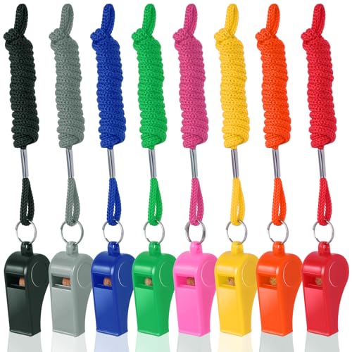 8 Pack Colorful Plastic Whistles with Lanyards