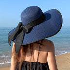 Womens Big Bowknot Straw Hat Floppy Foldable Roll up Beach Cap Sun Hat UPF 50+ ACA Navy (Aca Navy /Normal Edge)