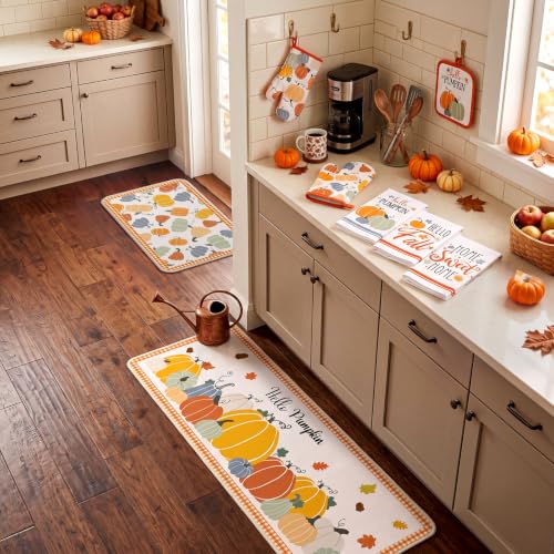 12 Pcs Fall Pumpkin Kitchen Decor Set 6 Towels 2 Kitchen Rugs (Multicolor / Multicolored Pumpkin)