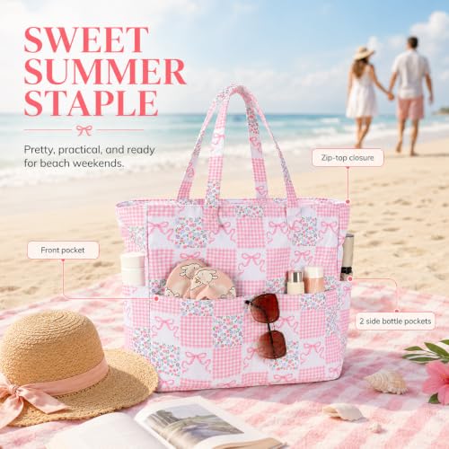 Beach Bags for Women (Gingham Floral Bow)