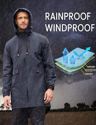 Men's Raincoats Waterproof Lightweight Rain Jacket Men Packable Long Raincoat Trench Coat (Charcoal Grey / Small)
