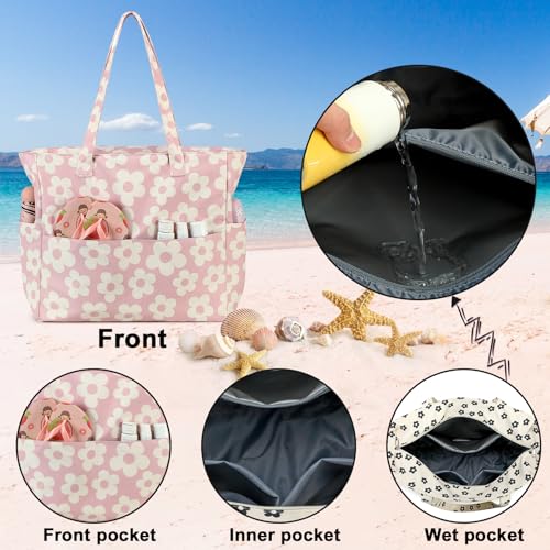 Waterproof Beach Tote Pool Bags for Women Ladies Extra Large Gym Tote Carry On Bag With Wet Compartment for Weekender Travel (Beige Flowers)