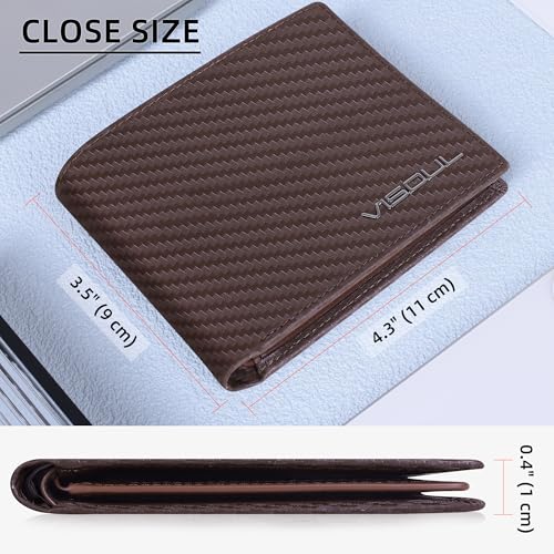 Mens Carbon Fiber Leather Bifold Wallet with 2 ID Windows (Brown+Brown)