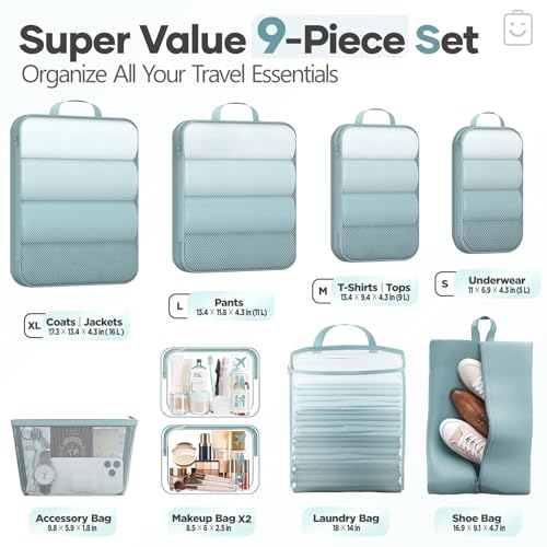 9 11 Set Compression Packing Cubes for Travel Essentials (Blue Gray / 9 set)