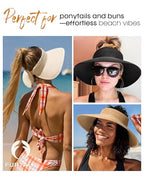 Womens Sun Visor Hats Wide Brim Straw Beach Hat UV Protection Ponytail Packable Beach Vacation Essentials Black (Black / One Size)