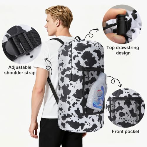 Laundry Backpack Portable Travel Laundry Bags with Straps and Mesh Pocket (Cow Print / 2 Pack)