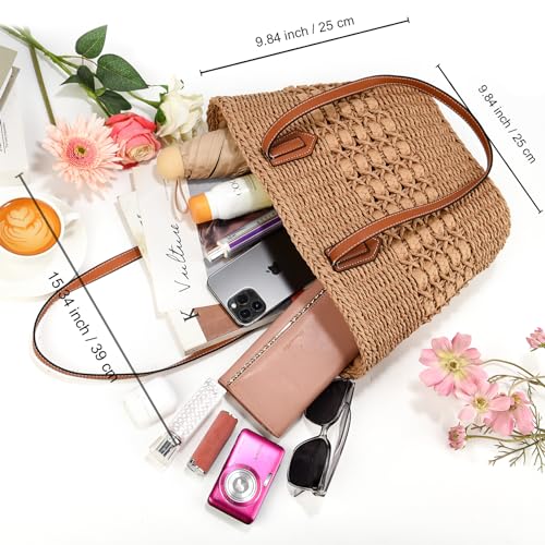 Straw Bag for Women Straw Woven Beach Tote Bag Casual Hobo Shoulder Bag Handbags Summer Handmade Beach Purse (F Khaki)