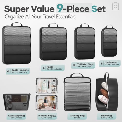 9 11 Set Compression Packing Cubes for Travel Essentials (Black / 9 set)