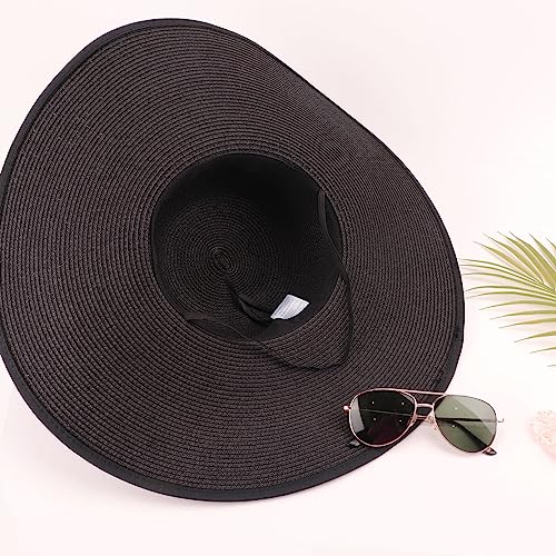 Women Twine Wide Brim Straw Hats Big Floppy Summer Hat Foldable Roll up Cap Beach Sun Hat UPF 50+ (Black)