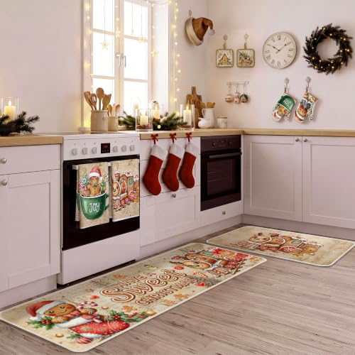10 Pcs Christmas Gingerbread Man Kitchen Decor and Accessories Set Kitchen Towels Pot Holders Oven Mitts and Rugs for Baking Cooking BBQ Mom Housewarming Gifts (Light Brown / Christmas Gingerbread Man)