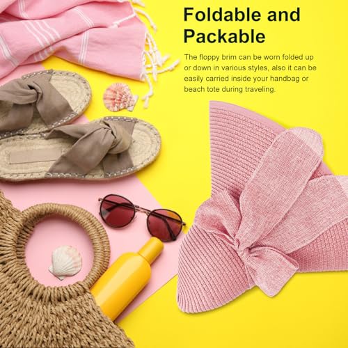 Womens Bowknot Straw Hat Large Foldable Beach Sun Hat Roll up UPF 50+ (Pink / 5.7" Brim, 1 Pack)