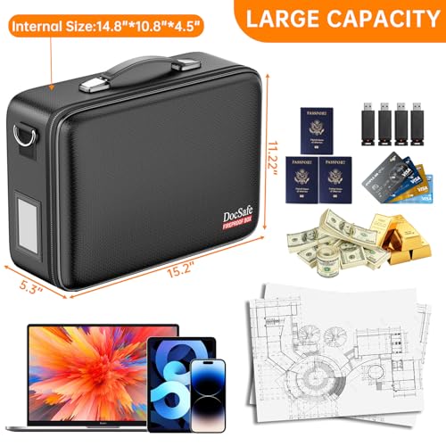Fireproof Document Box Hard Case with Lock＆Accordion File Folder (15.2" x 11.2" x 5.3" / Black)