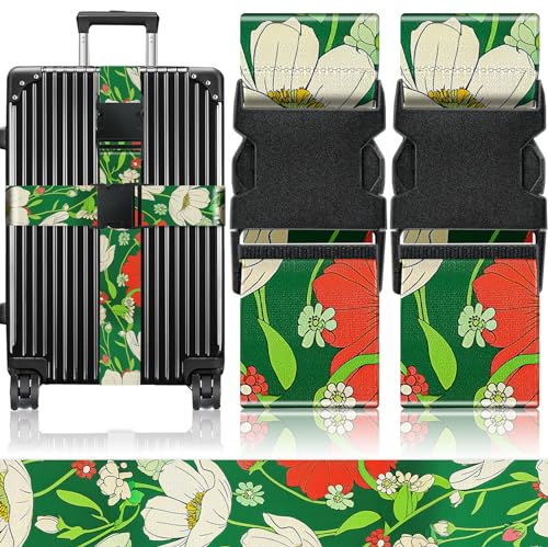 Luggage Straps for Suitcases Travel Belt Accessories Luggage Connector Identifiers Over Handle with Buckle Unique Nylon Adjustable Strap for Sleeping Bag Car Seat Green (White Flower)