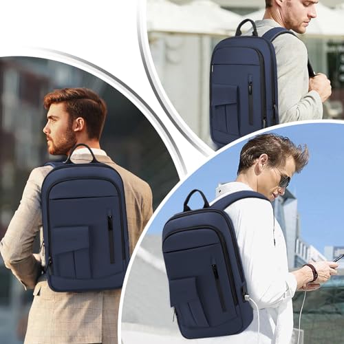 Business Backpack for Men Slim Lightweight Laptop Backpack for 17.3 Inch Computer Water Resistant Small Office Backpack for Commute Travel Daily Office Work with Small Bag (17.3" / With Pocket / Blue)
