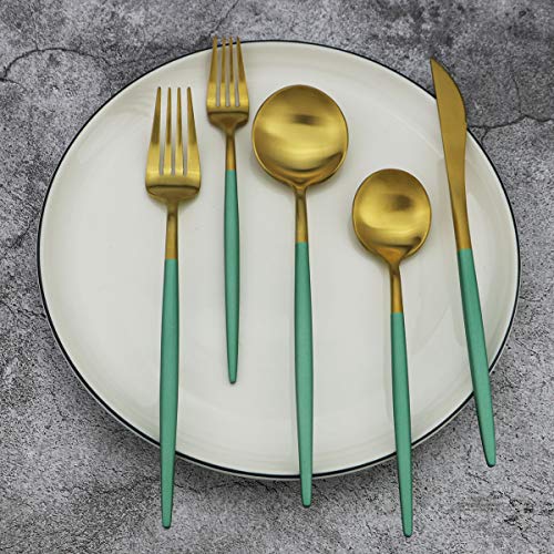 20-Piece 18/10 Stainless Steel Flatware Silverware, Luxury Dinnerware Set Travel Cutlery Tableware Include Knife Fork Spoon Service for 4, Dishwasher Safe (Green Handle Matte Gold) (Service for 4 / Green Handle Gold)