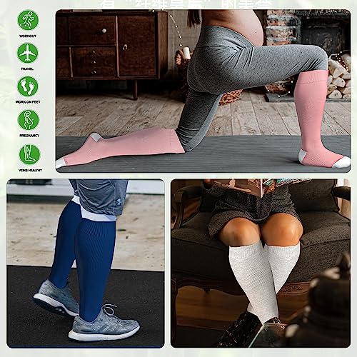 Wide Calf Compression Socks for Women Plus Size Pregnancy Cute Fun 15 (3 Pair-pink/Navy/Grey / 3X-Large)