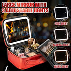 Makeup Travel Train Case with Mirror LED Light 3 Adjustable Brightness Large Cosmetic Bag Portable Storage Adjustable Partition Waterproof Brushes Make up Jewelry Gift for Women (Red)