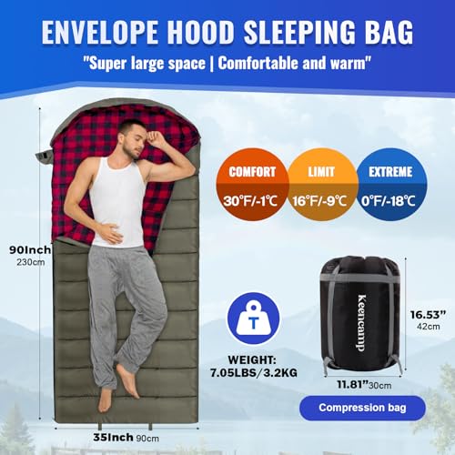 0 Degree Sleeping Bag Cotton Flannel Winter Cold Weather for Adults XXL Sleeping Bag 4 Season Big and Tall with Pillow Compression Sack (GREEN_R)