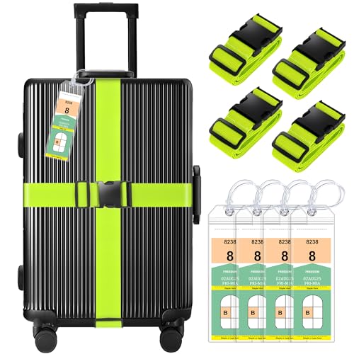 8 Pack Luggage Straps and Cruise Tags Set (Green & Narrow)