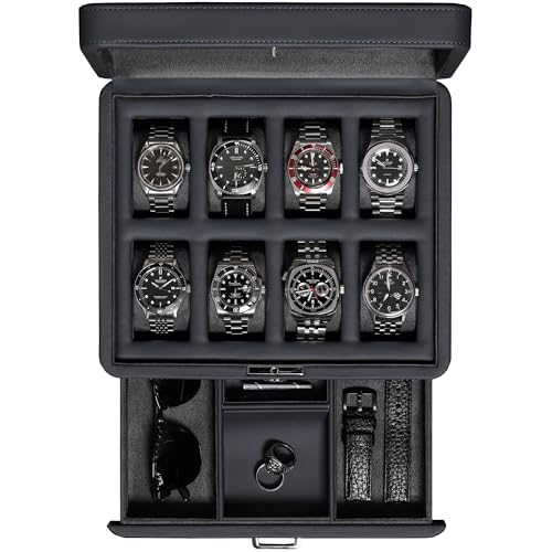 8 Slot Leather Watch Box with Valet Drawer (8 Slot - Carbon)