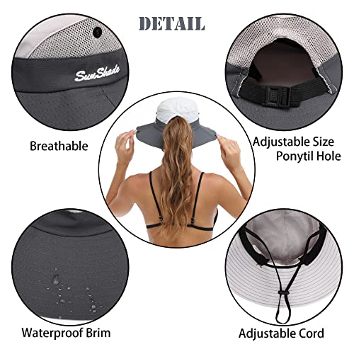 Womens Summer Sun Hat Beach Hat Wide Brim Outdoor UV Protection Hat Foldable Cool Mesh Ponytail Bucket Hat (6-7 / Light Grey-grey)