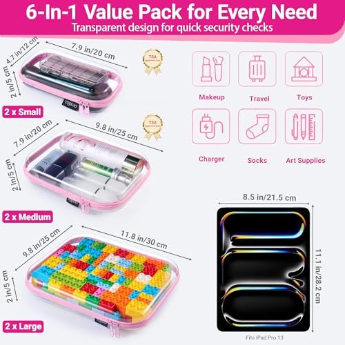 Clear Hard Shell Zipper Cases (Pink / 6 Pack (2L+2M+2S))
