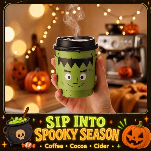 48 Sets 8 oz Halloween Disposable Coffee Cups with Lids and Sleeves (Monster)
