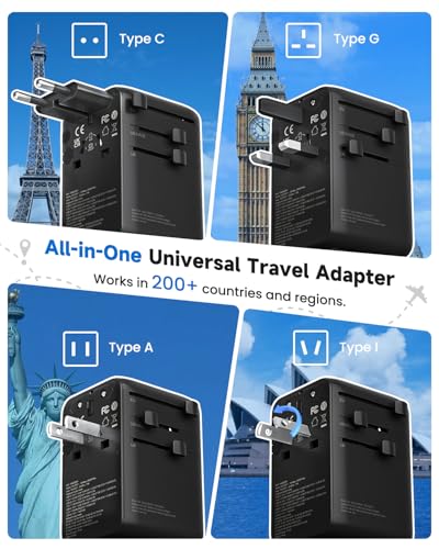 70W GaN Universal Travel Adapter with USB (Dark Black)
