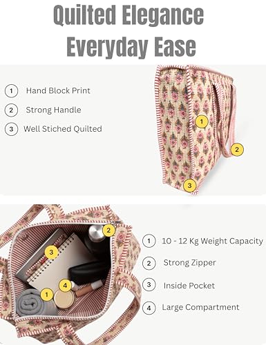 100% Cotton Quilted Tote Bag For Women (Clam Up Blossom Pink Block Print)