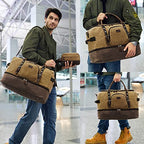 Nerlion Weekender Bag with Shoe Compartment Large Overnight Bag for Men Canvas Genuine Leather Carry on Luggage Bag Travel Duffel Bag (Brown)
