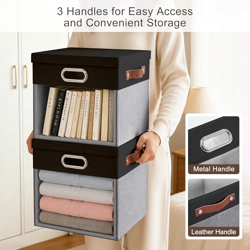 11x11 Inch Ultra Thick Fabric Storage Bins with Lids & Windows (Black&Gray / 11"L x 11"W x 11"H)