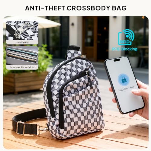 Anti Theft Crossbody Bags Small Crossbody Sling Bag for Women & Men (Black White Gingham)