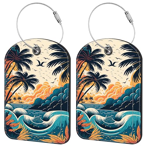 2 Pack Cute Luggage Tag for Suitcases Summer Beach Leather Luggage Tags with Stainless Steel Loop Privacy Flap Name Tags (Summer Beach)