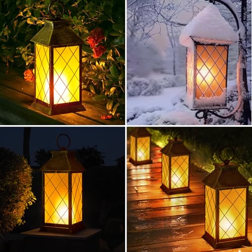 18" Solar Lanterns Outdoor Waterproof Flickering Flame Patina (Antique Patina)