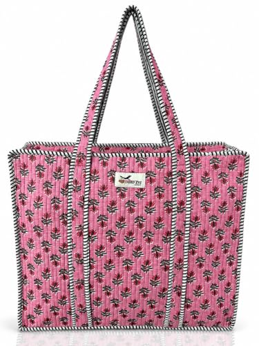 100% Cotton Quilted Tote Bag For Women (Pink Meadow)
