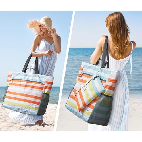 Beach Bag Waterproof Sandproof Large Capacity Foldable for Women (Rainbow / 35L)
