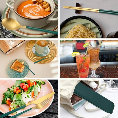 6 Pieces Stainless Steel Flatware Set Portable Reusable Cutlery Set Travel Utensils Set Including Chopsticks Knife Fork Spoon Straws Cleaning Brush Dishwasher Safe (B-Green golden)