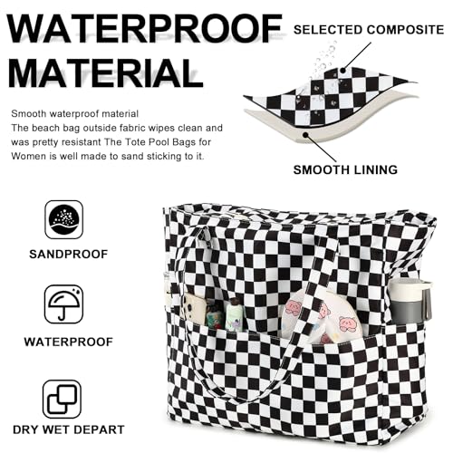 Waterproof Beach Tote Pool Bags for Women Ladies Extra Large Gym Tote Carry On Bag With Wet Compartment for Weekender Travel (Checked Black White)