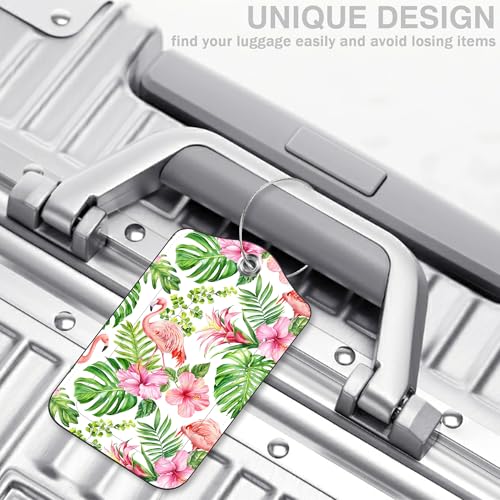 2 Pcs Pink Flamingo Luggage Tags for Suitcases Tropical Flowers and Palm Leaves PU Leather Baggage Tags Name ID Label with Privacy Cover and Stainless Steel Loop for Men Women Travel Bag Suitcase (Pink Flamingo)