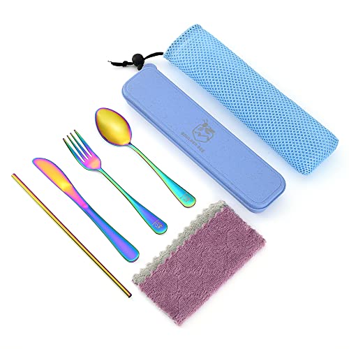 Travel Utensils Set Stainless Steel with Carrying Case (Rainbow)