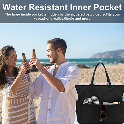 Waterproof Beach Tote Pool Bags for Women Ladies Extra Large Gym Tote Carry On Bag With Wet Compartment for Weekender Travel (M-black)