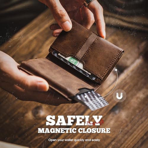 Trifold Card Wallet for Men RFID Blocking with Pop Up Credit Card Holder (Brown)