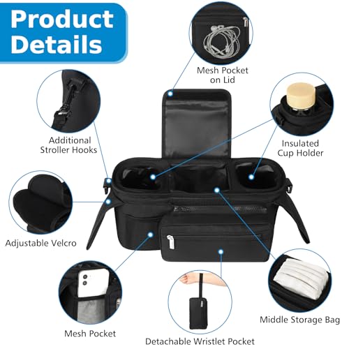 Universal Stroller Organizer with Insulated Cup Holder (All Black)