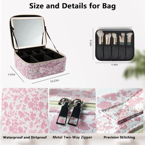 Travel Makeup Bag with LED Mirror Toiletry Bag for women with 3 Lighted Settings (Red Flower / With LED Mirror Only)