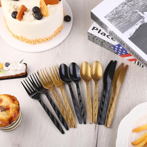 90 Pieces Black and Gold Plastic Cutlery Set (Black, Gold)