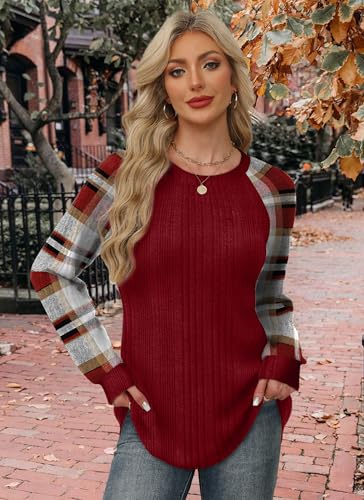 Womens Tops for Teachers Fall Fashion Must Haves Christmas Shirts for Women Ugly Christmas Sweater Country Concert Outfits Cute Oversized Plus Size Clothes Winter Clothing Raglan Paneled Plaid Red (XX-Large / 08-red Plaid)