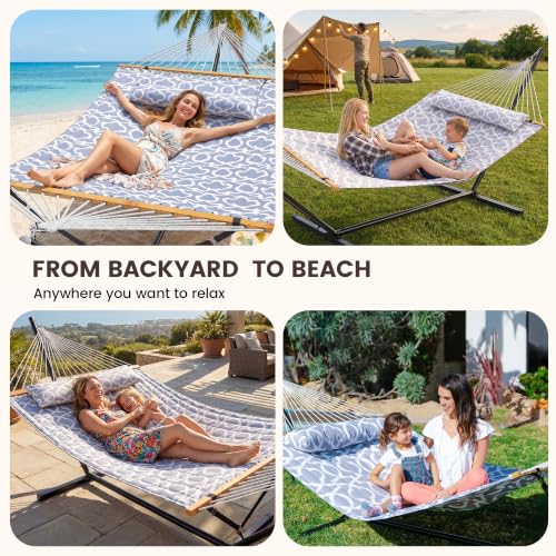 Double Hammock with Stand 500lbs Heavy Duty Outdoor Two Person White (White Grey)